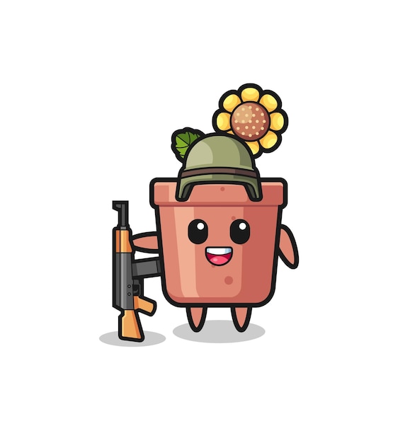 Cute sunflower pot mascot as a soldier  cute design