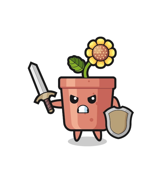 Cute sunflower pot soldier fighting with sword and shield