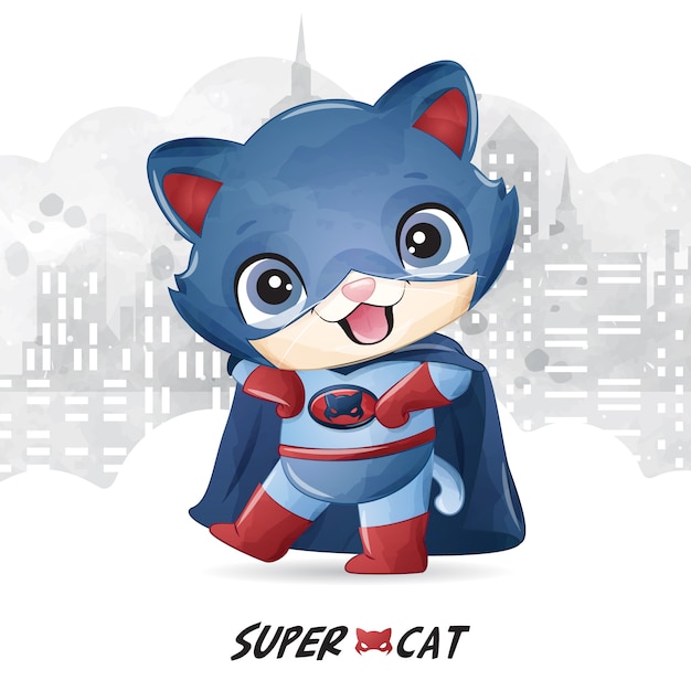 Vector cute super cat with watercolor illustration