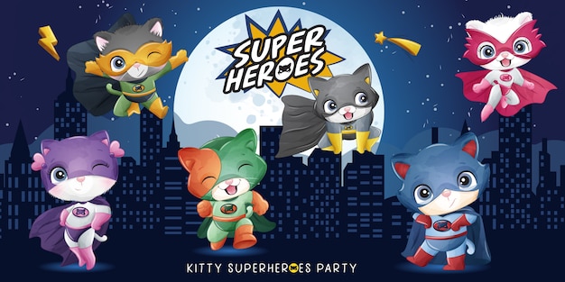 Cute super cat with watercolor illustration