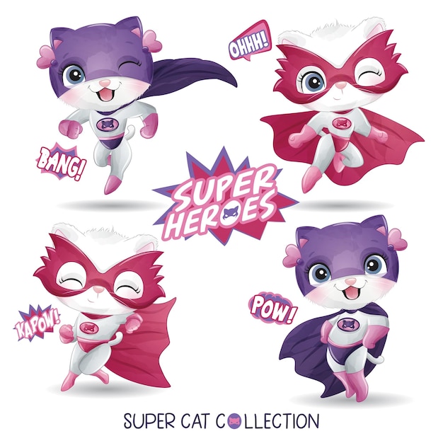 Vector cute super cat with watercolor illustration