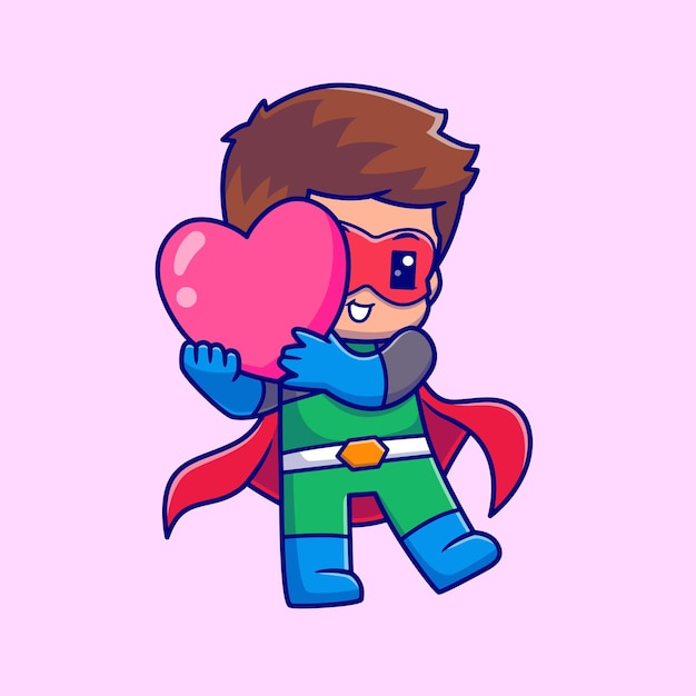 Vector cute super hero holding love heart balloon cartoon vector icon illustration people holiday isolated