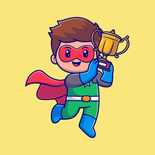 Vector cute super hero holding trophy cartoon vector icon illustration people holiday icon isolated flat