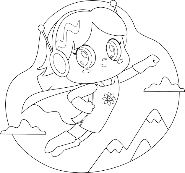 Cute super hero kid girl cartoon character flying vector hand drawn illustration