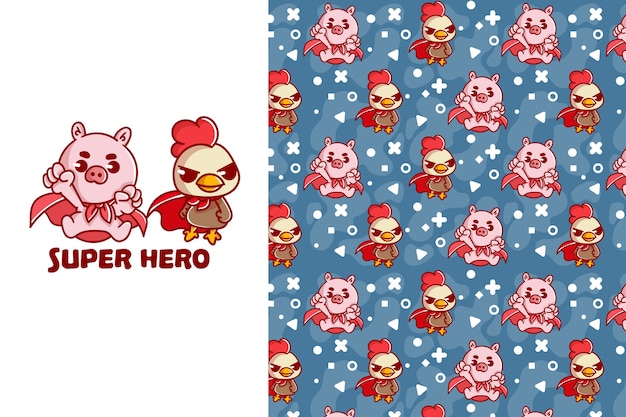 Cute super hero pig and chicken seamless pattern