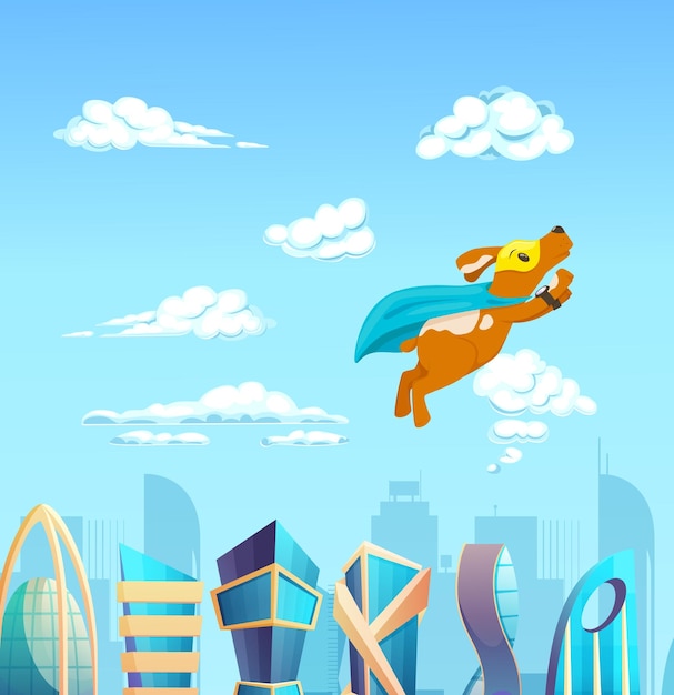 スーパー ヒーローのマントとマスクを持つかわいいスーパー ヒーローの動物の子供たちが空を飛んでいます。