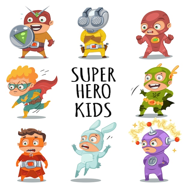 Simpatici bambini supereroi in costumi colorati. personaggi dei cartoni animati di vettore impostati isolati su priorità bassa bianca.