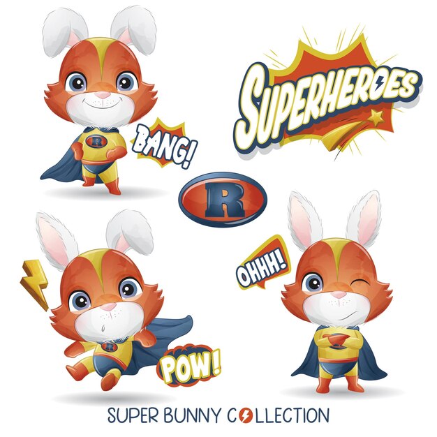 Vector cute superhero rabbit with watercolor collection