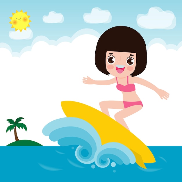 cute surfer people character with surfboard and riding on ocean wave