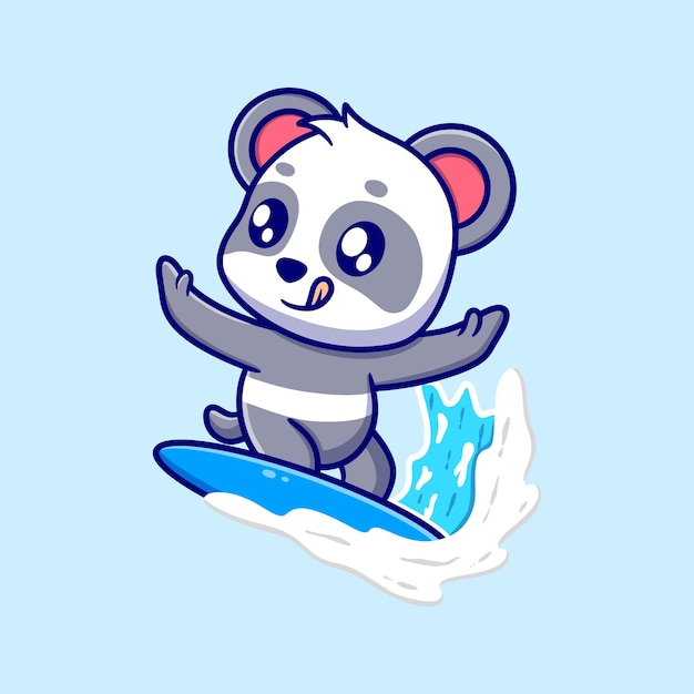 Cute surfing panda cartoon icon illustration funny gift cartoon Business icon concept Flat cartoo