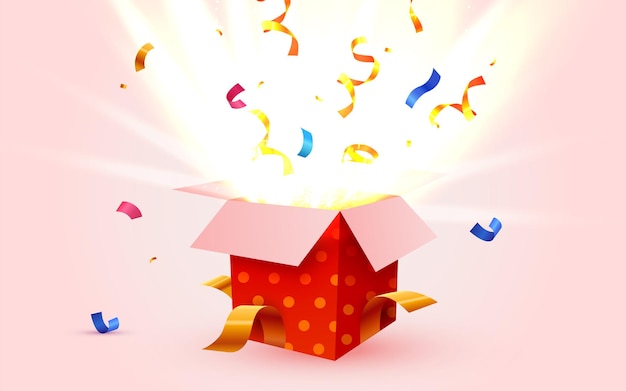 Vector cute surprise gift box with falling confetti