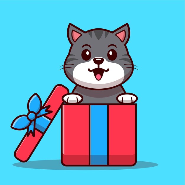 Vector cute surprise gift smiling cat cartoon vector illustration