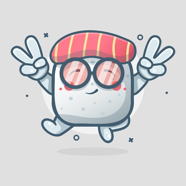 Cute sushi food character mascot with peace sign hand gesture isolated cartoon in flat style design