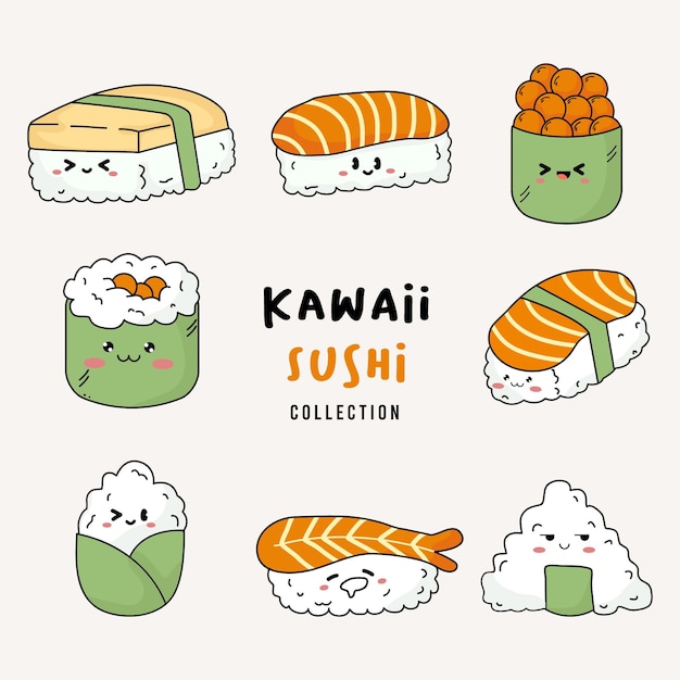 Vector cute sushi food set collection