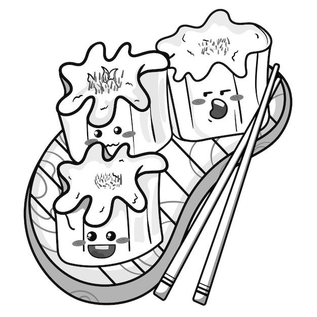 Cute sushi in kawaii Japanese traditionaldishes black and white outline for coloring pages