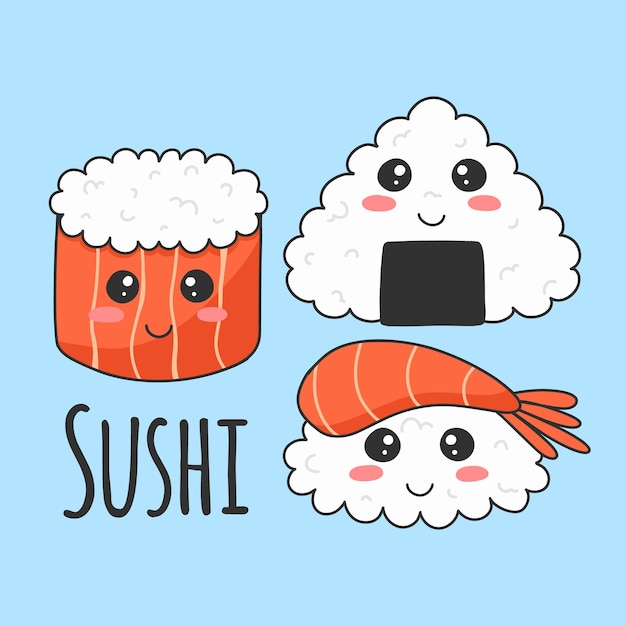 Simpatico sushi in stile kawaii illustrazione vettoriale cibo asiatico sushi di salmone onigiri e sushi di gamberetti caratteri di sushi