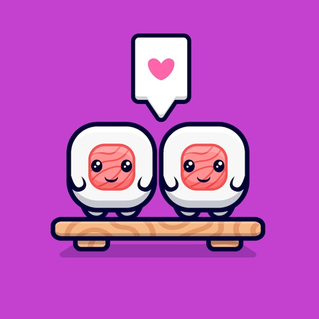 Симпатичные суши-ролл пара влюбляется в мультфильм значок иллюстрации