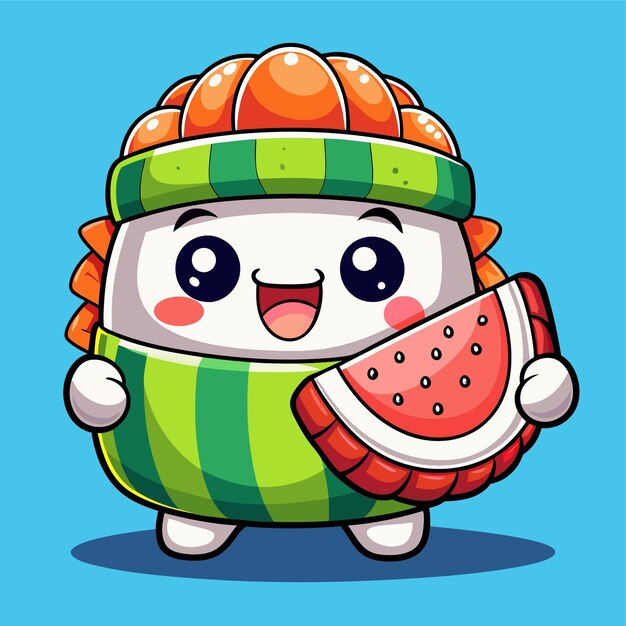 Vector cute sushi roll eating watermelon adorable cartoon icon