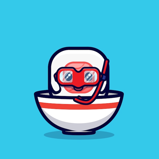 Cute Sushi Roll Swimming  in The Bowl Cartoon   Icon Illustration