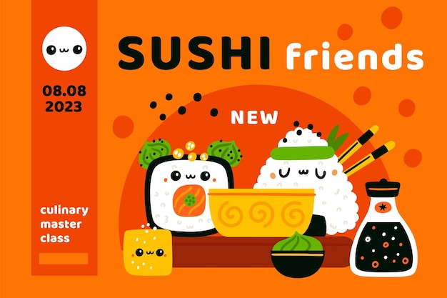 Cute sushi rolls poster kawaii cartoon japanese food characters comic onigiri and tofu seafood with rice culinary master class wasabi and soy sauce composition garish vector concept