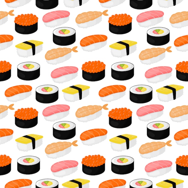 Cute sushi and rolls seamless pattern. Japanese food 