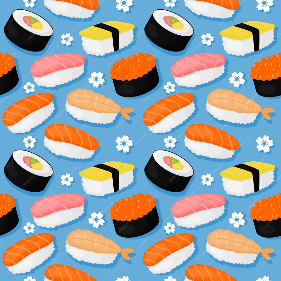 Premium Vector | Cute sushi and rolls seamless pattern. japanese food