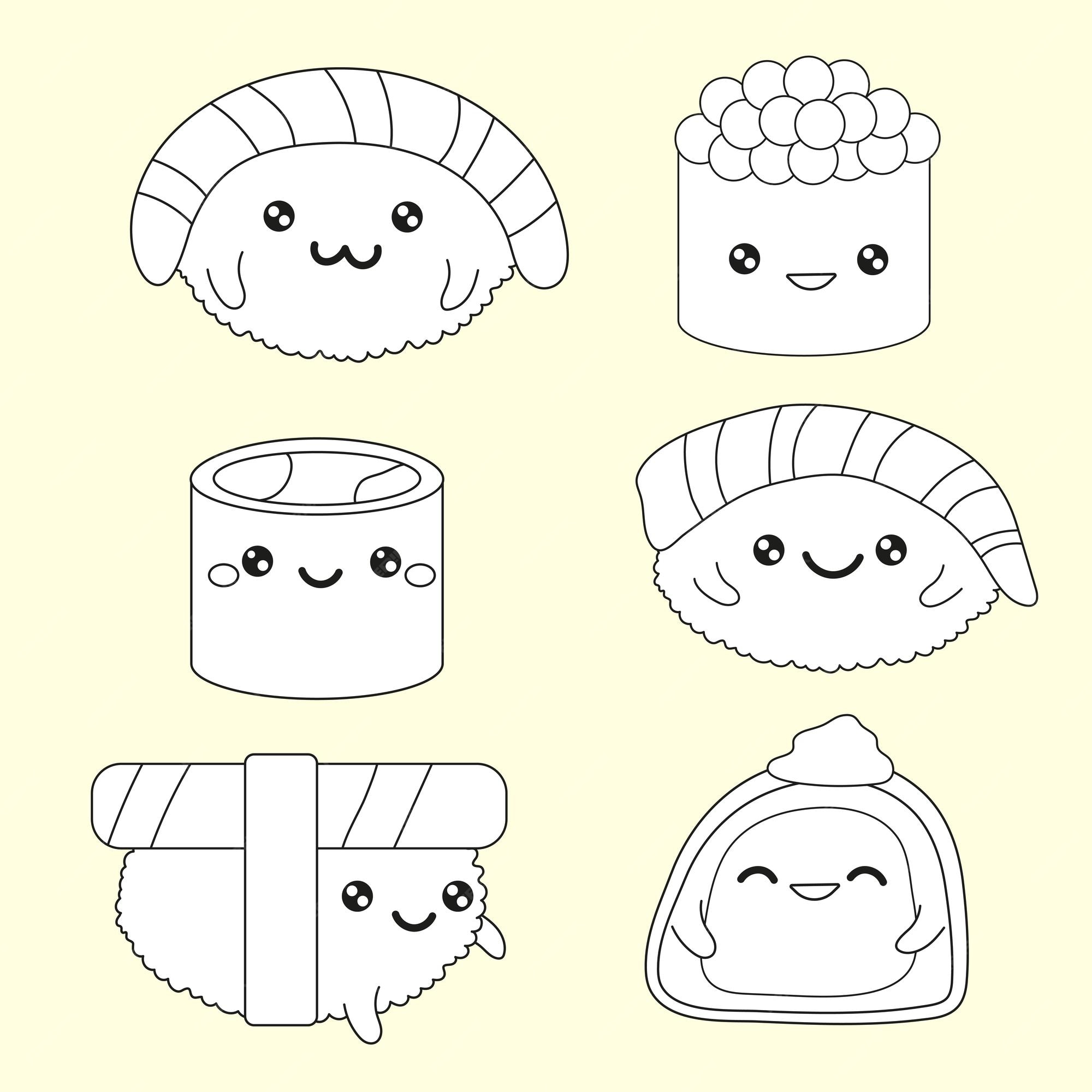 Premium Vector | Cute sushi set coloring page japanese food