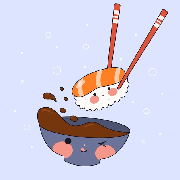웃는 얼굴과 뺨이 있는 귀여운 스시 세트 스시 시간 가와이이는 일본 전통 요리를 굴립니다
