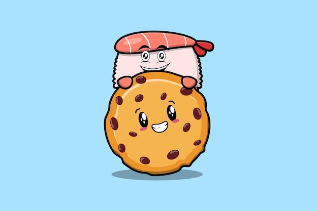 Vector cute sushi shrimp cartoon character hiding in biscuits illustration in flat modern design
