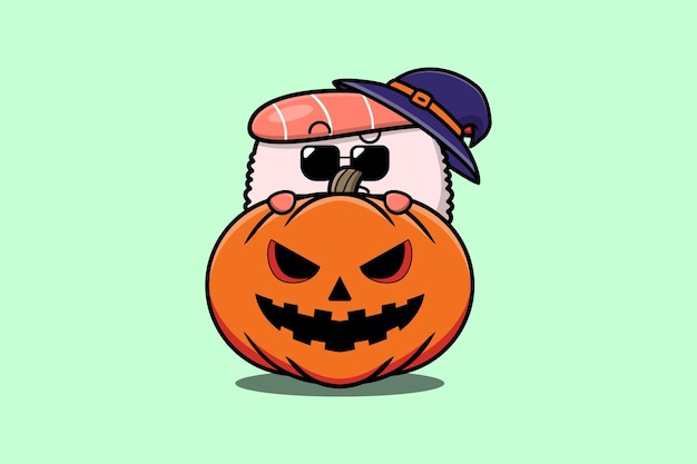 Cute Sushi shrimp cartoon character hiding in pumpkin halloween illustration in flat modern design