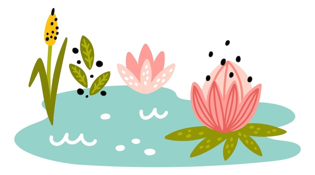 Vector cute swamp with lotus green nature water pond