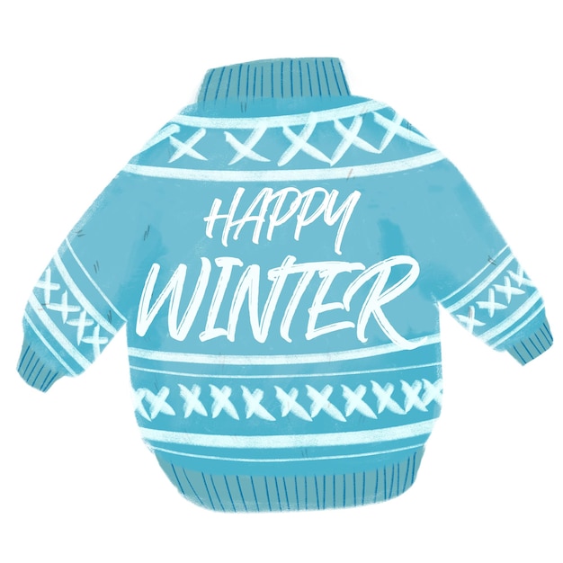 Cute sweater illustration blue color isolated on white background with text Happy winter