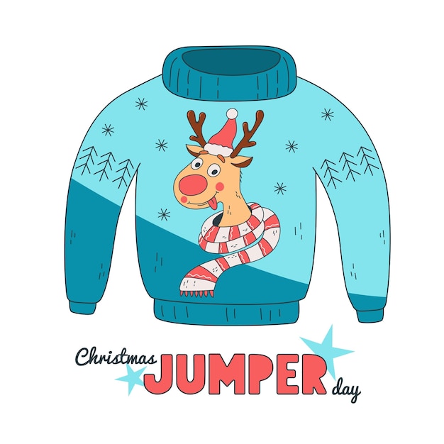 Vettore simpatico maglione con un divertente giorno di natale jumper renna