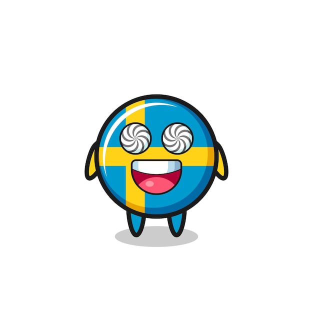 Cute sweden flag badge character with hypnotized eyes