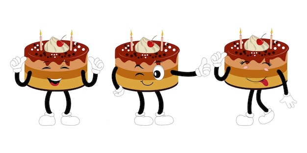 Vettore dolce dolce torta di compleanno disegno di personaggi di cartoni animati vintage personaggio di cartoon torta di anniversario retro