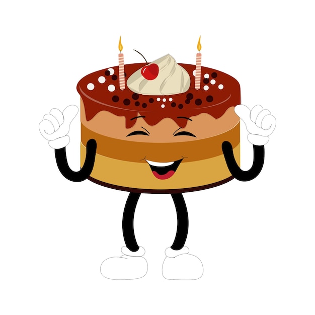 Vector cute sweet birthday cake cartoon character design vintage character cartoon birthday cake retro