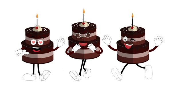 Vettore dolce dolce torta di compleanno disegno di personaggi di cartoni animati vintage personaggio di cartoon torta di anniversario retro