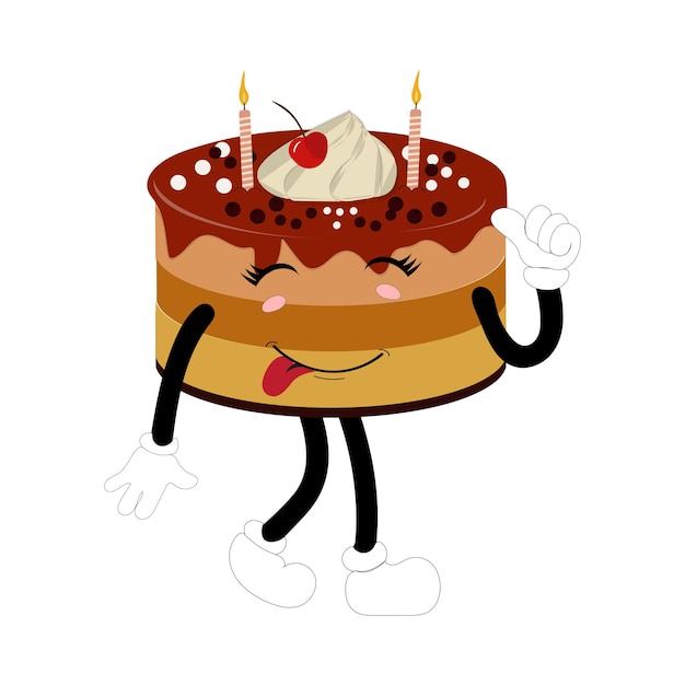 Vettore dolce dolce torta di compleanno disegno di personaggi di cartoni animati vintage personaggio di cartoon torta di anniversario retro