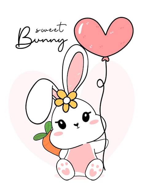 Cute sweet happy white bunny baby holding heart shape balloon cartoon drawing outline vector