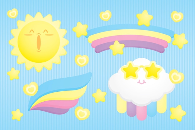 Cute sweet pastel cartoon graphic element vector set in kawaii style