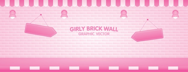 Cute sweet pastel pink brick wall and footpath background with awning and hanging sign