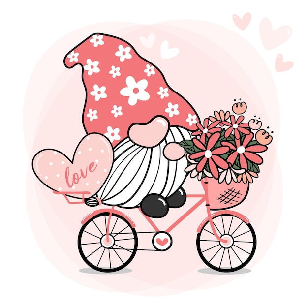 Cute Sweet Pink Gnome Valentine on bike with flower and heart, cartoon , Gnome in Love on Bicycle