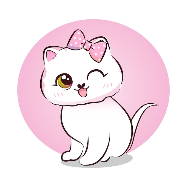 Cute sweet pink kitty in cartoon style. Vector illustration.