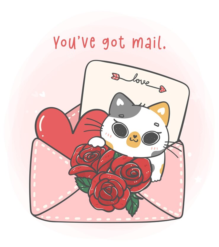 Vector cute sweet valentine greeting card with calico kitten cat in pink love envelope with red roses