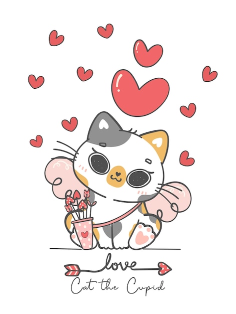 Cute sweet valentine love cupid calico kitten cat with wings and arrow cat the cupid animal cartoon character doodle hand drawing