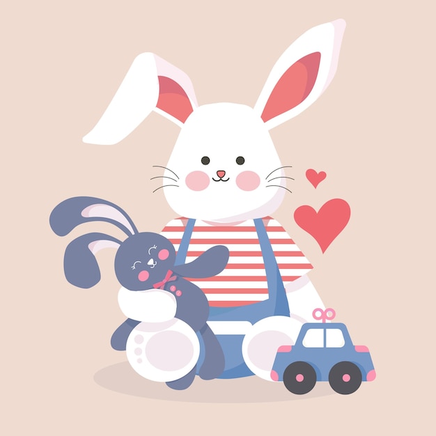 Vector cute sweetie bunny with toy illustration