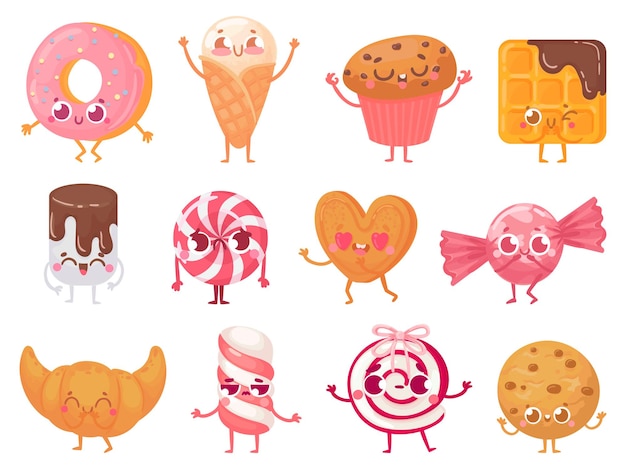 Cute sweets. happy cupcake mascot, funny sweet candy character and smiled donut.