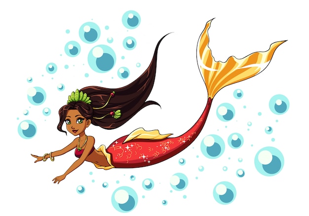 Vector cute swimming mermaid design. cartoon girl with brown hair and red fishtail. isolated on white background and bubbles. template for design cards, notebook, shop, poster.