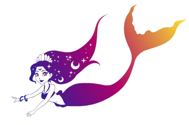 Vettore carino nuoto sirena disegno vettoriale contorno disegnato a mano ragazza con capelli e coda sfumati arcobaleno stelle e luna nei capelli isolati su bianco modello per design carte logo negozio poster tatuaggio