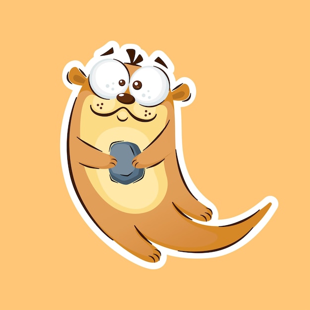 Cute Swimming Otter Cartoon Character Holding A Stone In Sticker Style Premium Vector Graphic Asset